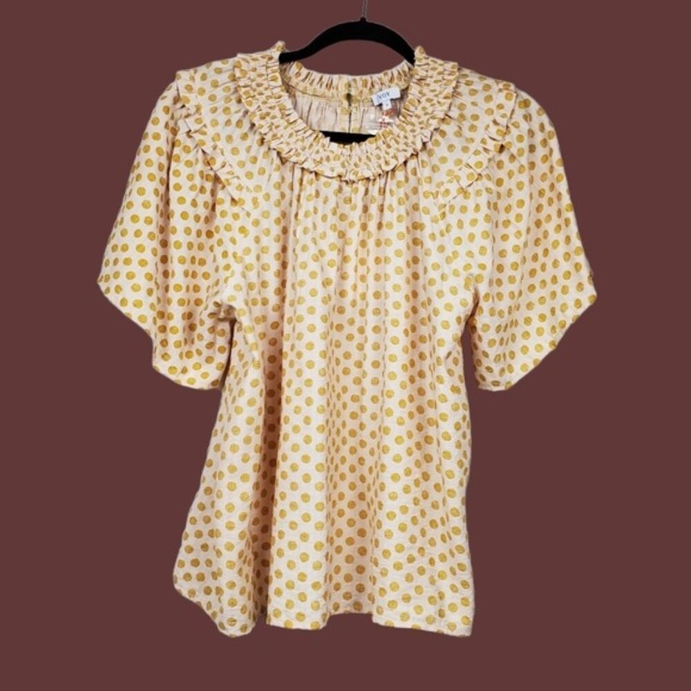 Voy Womens Wide Sleeve Mustard Yellow Polka Dot Ruffle Neck Top Size S NWT - Picture 3 of 5